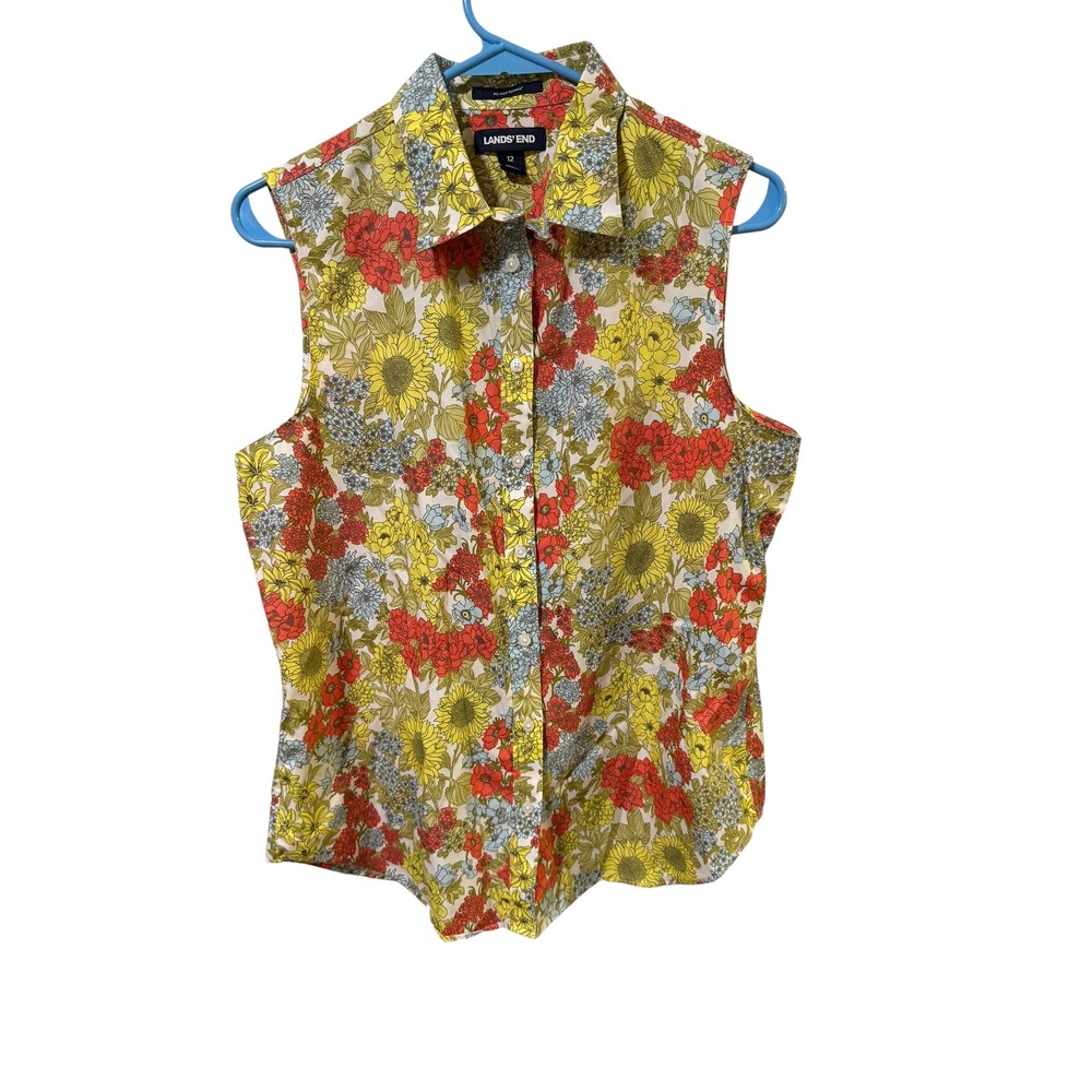Lands End Size 12  Floral No Iron Supima Cotton Sleeveless Button Down Top